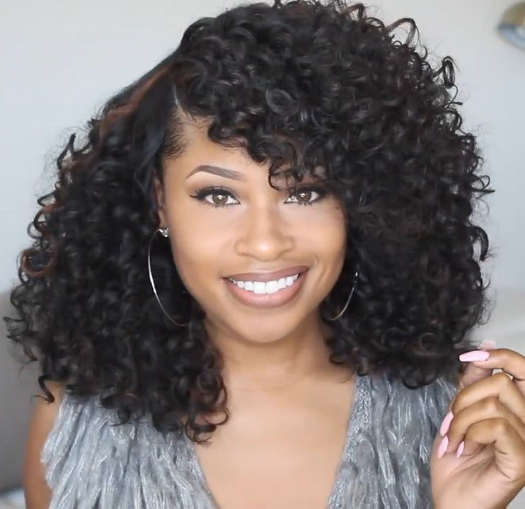 Glueless Curly Full Machine Made Scalp Top Wig With Bangs 180 Density High quality heat resistant wire