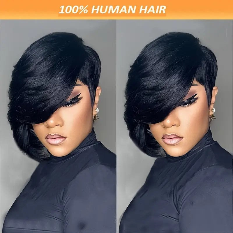 PixieCut Wig Straight Black Elegant 8 For Women -Glueless Human Hair with Long Bangs, Glueless Everyday Style Wig L SleekShort Hair Accessories
