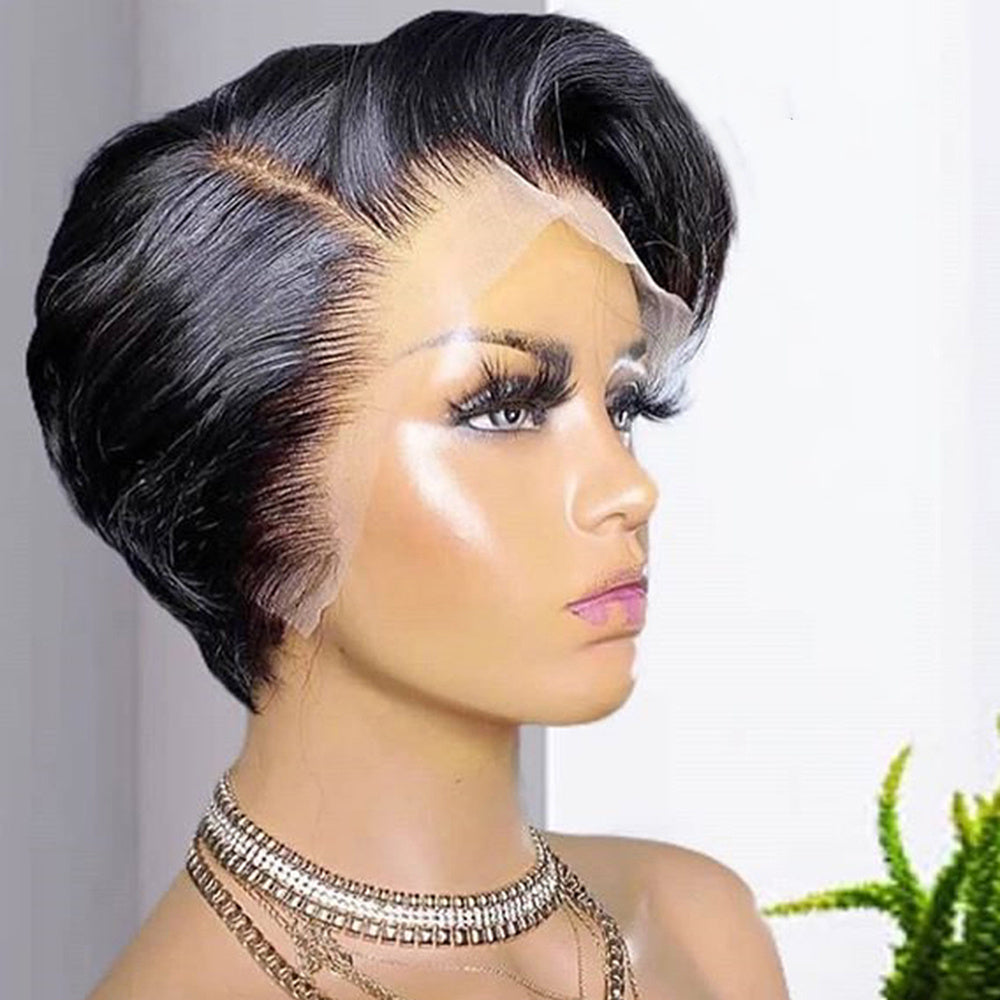 Trending Pixie Cut Wig Lace frontal 100% Human Hair side bang part short Remy wig styled glueless 1B#
