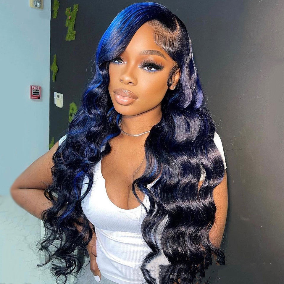 Electric Blue Highlight Body Wave Human Hair Lace 13X6 13X4 4X4 Lace Frontal Wig coloured Long Quality hair