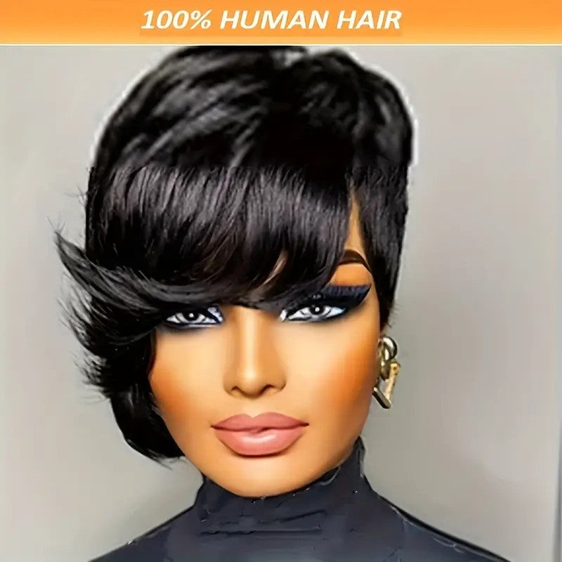 PixieCut Wig Straight Black Elegant 8 For Women -Glueless Human Hair with Long Bangs, Glueless Everyday Style Wig L SleekShort Hair Accessories