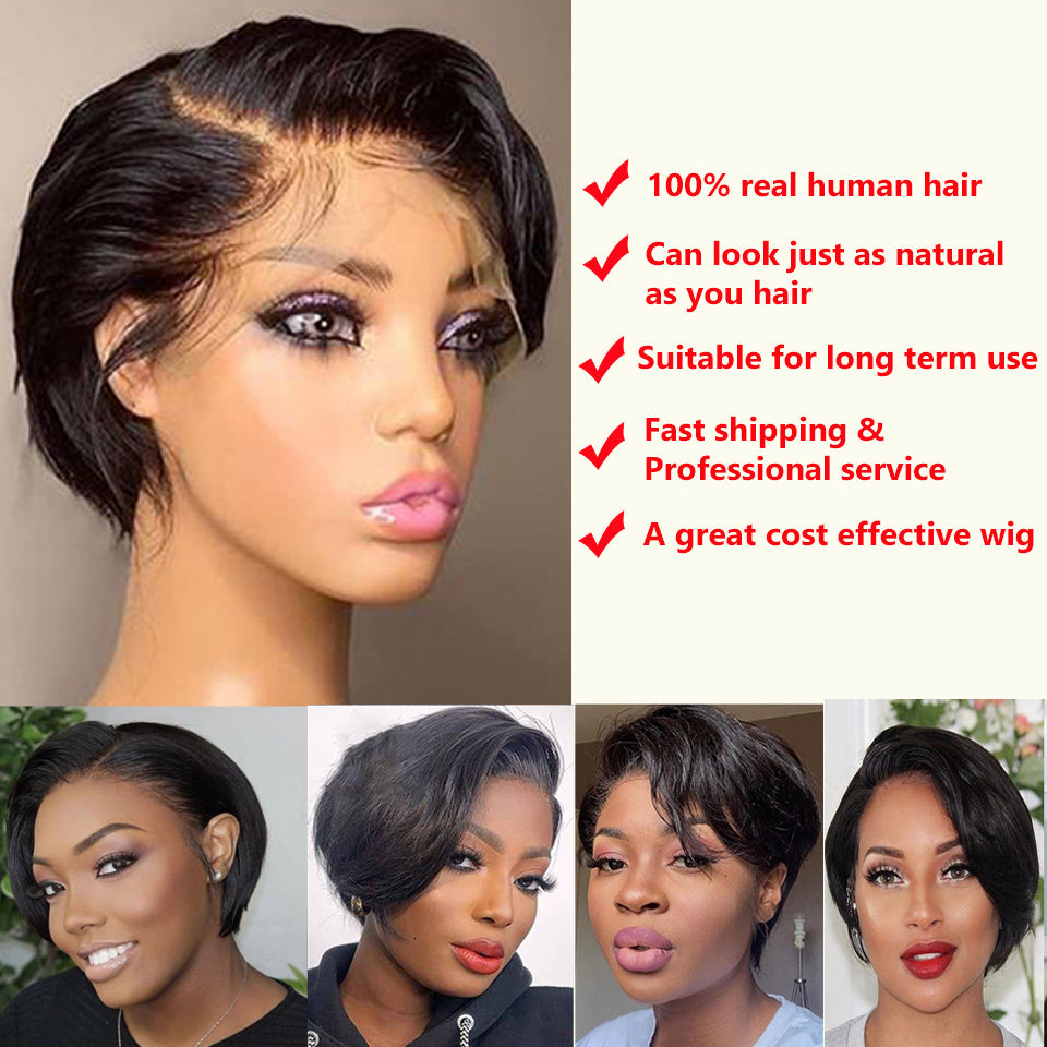 Trending Pixie Cut Wig Lace frontal 100% Human Hair side bang part short Remy wig styled glueless 1B#