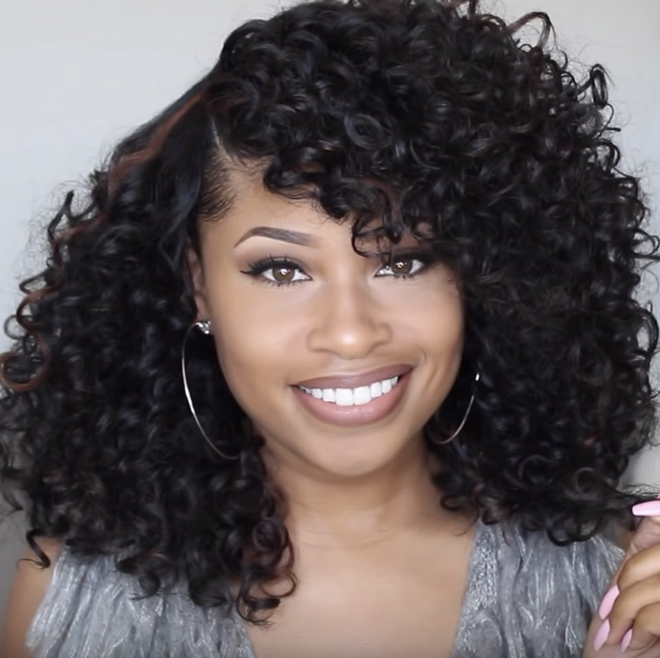 Glueless Curly Full Machine Made Scalp Top Wig With Bangs 180 Density High quality heat resistant wire