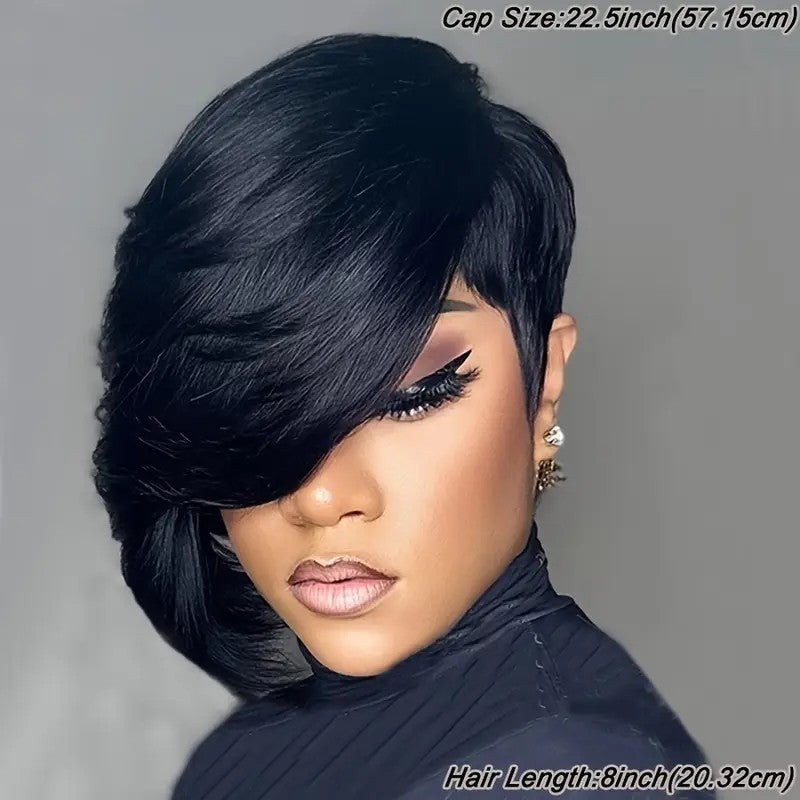 PixieCut Wig Straight Black Elegant 8 For Women -Glueless Human Hair with Long Bangs, Glueless Everyday Style Wig L SleekShort Hair Accessories