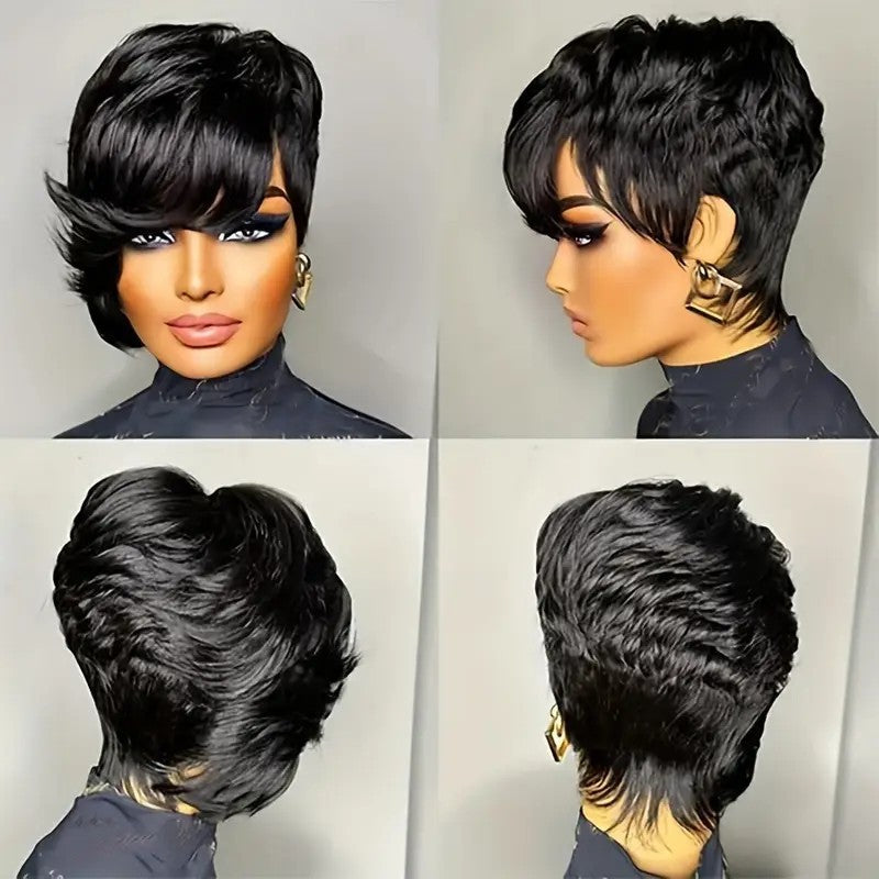 PixieCut Wig Straight Black Elegant 8 For Women -Glueless Human Hair with Long Bangs, Glueless Everyday Style Wig L SleekShort Hair Accessories