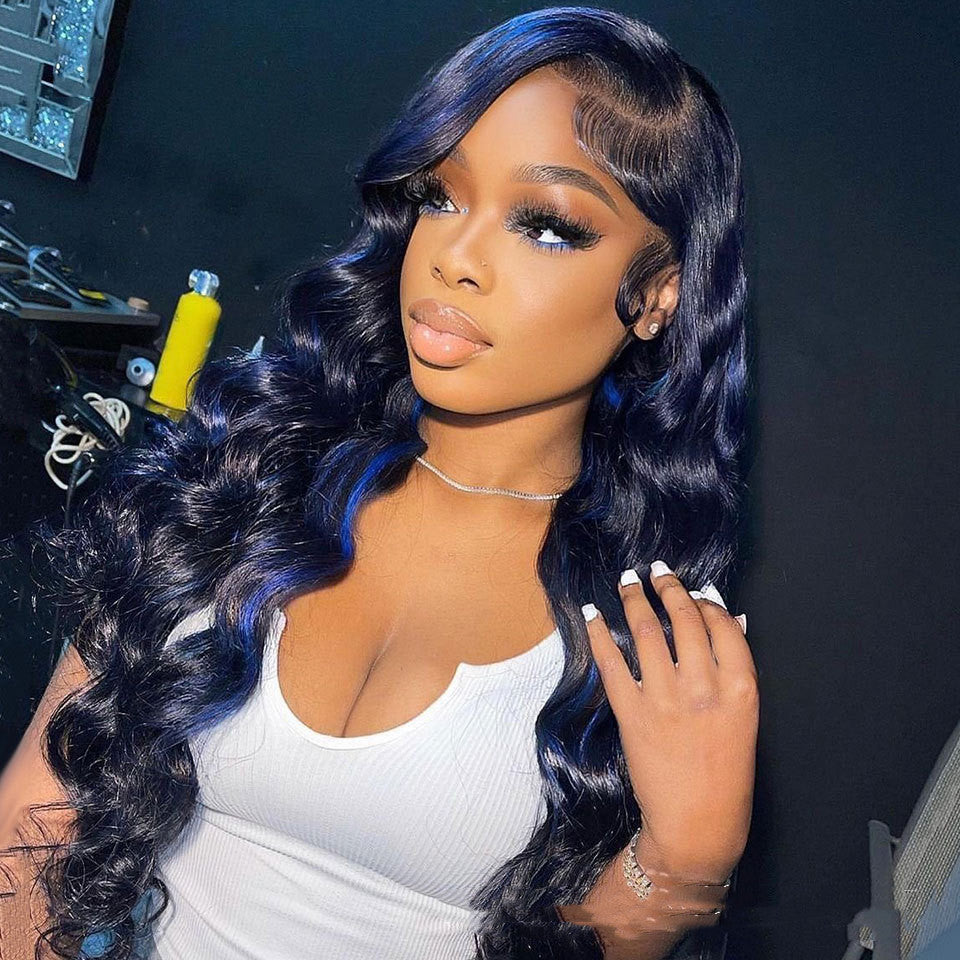 Electric Blue Highlight Body Wave Human Hair Lace 13X6 13X4 4X4 Lace Frontal Wig coloured Long Quality hair
