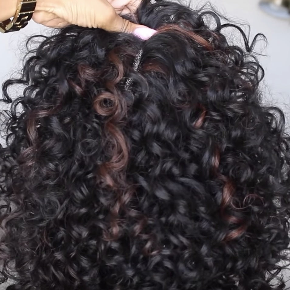 Glueless Curly Full Machine Made Scalp Top Wig With Bangs 180 Density High quality heat resistant wire