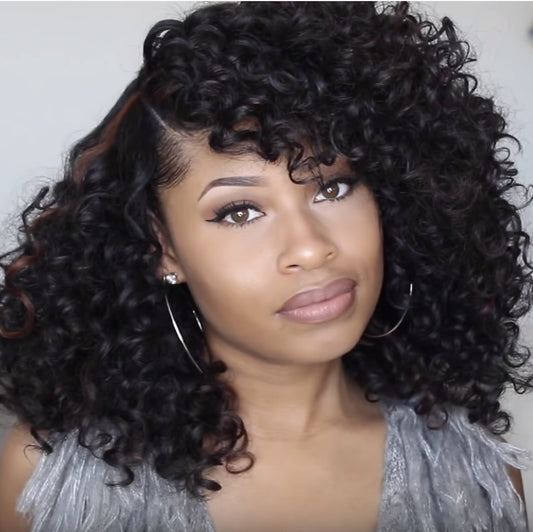 Glueless Curly Full Machine Made Scalp Top Wig With Bangs 180 Density High quality heat resistant wire