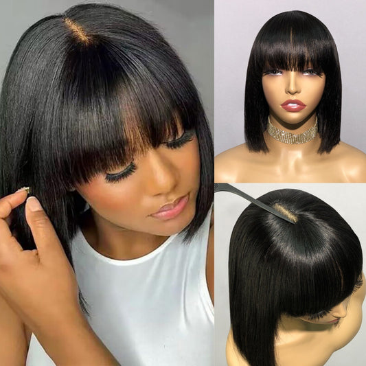 360 HD Glueless Human Hair Bob Wig – Straight with Bang, Pre-Plucked & Ready to Wear