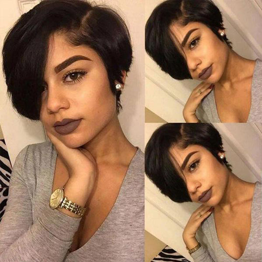 Trending Pixie Cut Wig Lace frontal 100% Human Hair side bang part short Remy wig styled glueless 1B#