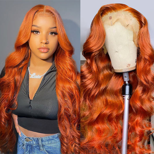 HD invisible Lace Frontal Wig Real Human Hair Body Wave Wig 150% density 13x4, 4X4, T-part, Vibrant Orange Coloured long hair