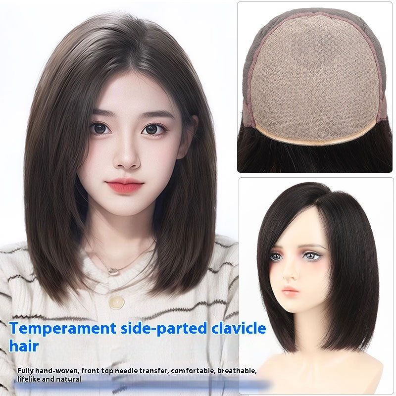 Long lasting Wig Female Full Human Hair Wig for hair loss realistic look scalp protection short cut with side bang