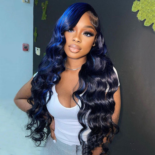Electric Blue Highlight Body Wave Human Hair Lace 13X6 13X4 4X4 Lace Frontal Wig coloured Long Quality hair