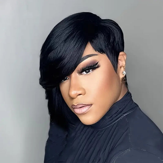 PixieCut Wig Straight Black Elegant 8 For Women -Glueless Human Hair with Long Bangs, Glueless Everyday Style Wig L SleekShort Hair Accessories