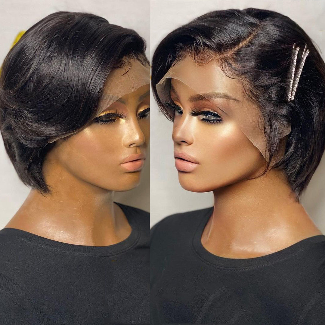 Trending Pixie Cut Wig Lace frontal 100% Human Hair side bang part short Remy wig styled glueless 1B#