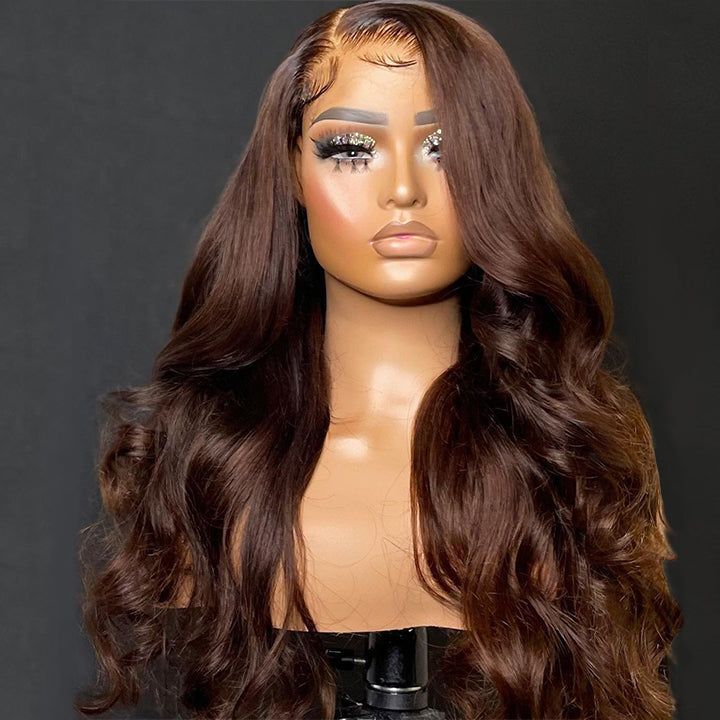 Real chocolate brown Human Hair Wig body wave with lace frontal full wig 210 180 150 density in bulk, unprocessed hair bundles auburn